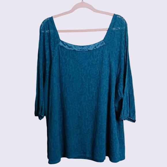JUST MY SIZE Womens 4X (26W/28W) Blue Green Tunic Top Blouse Lace Sleeves Flowy - Picture 2 of 10
